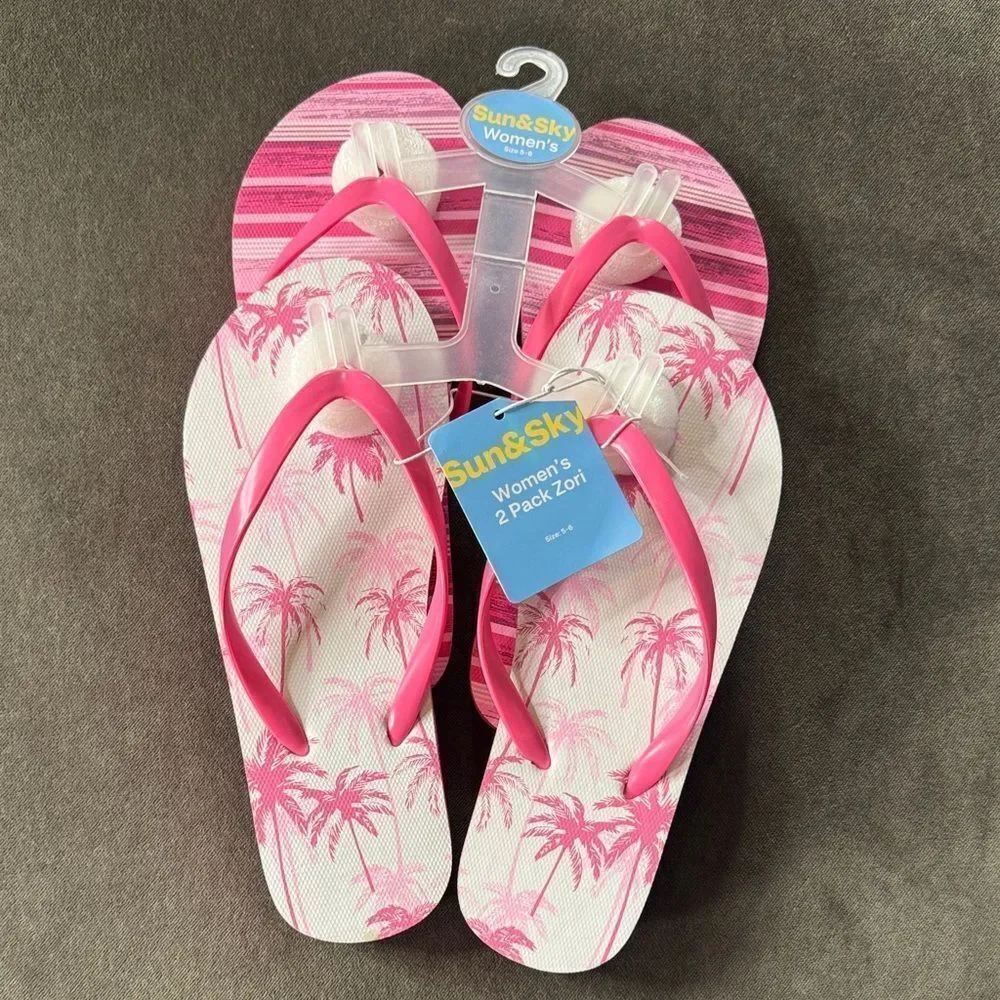 Women’s Sun & Sky Women's Pink 2 Pack Flip Flops Size 5-6 NEW
